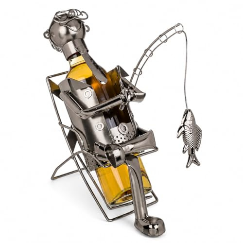 MIJOMA Metall-Weinflaschenhalter Angler – Einzigartiger Weinflaschenständer aus Metall, ca. 26 x 21 cm – Perfekt für Angler und Weinliebhaber