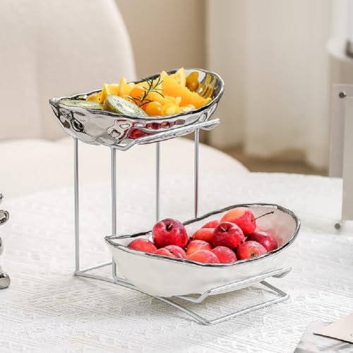 JUNYFFF Fruit Bowl for Kitchen Counter - 2 Tier Ceramic Serving Bowls with Metal Stand, Tiered Fruit Basket for Fruit Vegetable Storage, Snack, Nuts, Cake, Dessert,Silver