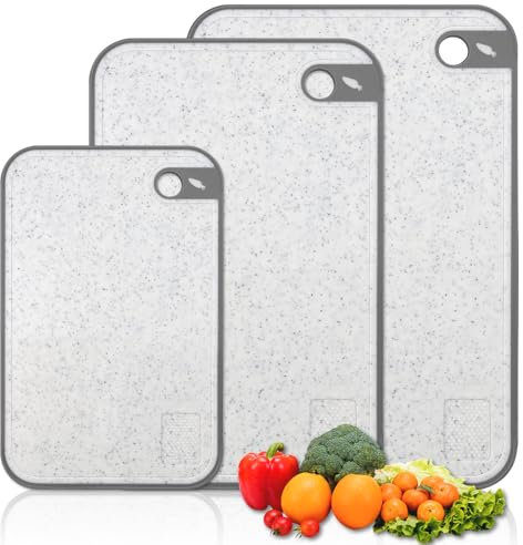 Chopping Board, BPA Free Plastic Chopping Board Sets with Juice Grooves and Garlic Grating Groove, Non-Slip Cutting Boards for Kitchen with Hanging Hole, White Cutting Boards for Meat/Vegetable/Fruit