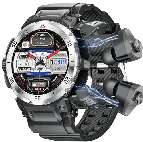 Montre Homme Connectée Militaire Etanche Sport avec Ecouteurs Bluetooth sans Fil Appel Clair Intégré Casuqe TWS Montre Sport Homme Smartwatch Appel IP67 Etanche Waterproof