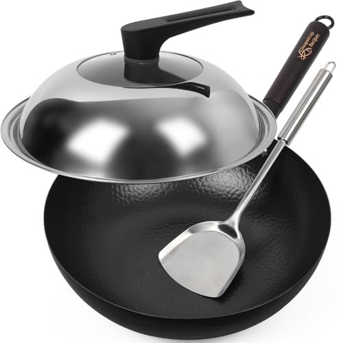 Souped Up Recipes Sartén wok de 34 cm/7 l, sartén china de acero al carbono para cocinas eléctricas, cocinas de inducción (tapa, espátula y guía de usuario incluidos)