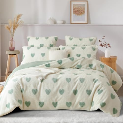 Freyamy Peluche Housse de Couette 200x200cm Vert Cœur Hiver Chaude Duveteuse Parure de lit 2 Personne Shaggy Faux Fur avec Fermeture Éclair Flanelle Linge de lit avec 2 Taie d'oreiller 65 x 65cm