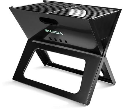Skoda 6U0069642 Holzkohlegrill Mini-Grill Klappgrill Grill Campinggrill, klappbar, schwarz, mit Schriftzug