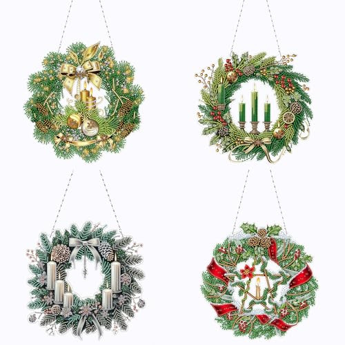 Lebartm 4Stück DIY Diamant Kunst Malerei Anhänger Ornament Weihnachtskranz Design hängend Doppelseitiges Muster Einseitig für Haus Garten Wand Tür Dekor-Kerzenkranz