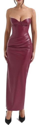 Women's Leather Midi Dress with Asymmetric Back Lacing(Fits Large, Size Down), Burgundy, Medium