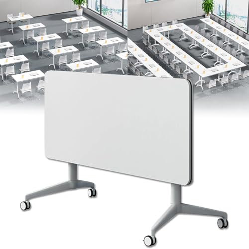 MOFGOE Weißer klappbarer Konferenztisch, moderner Schulungstisch für Konferenzräume mit Flip-Top-Design, klappbarer Besprechungstisch, rechteckiger mobiler Konferenztisch,1,60.3in