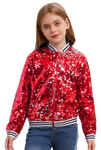 inhzoy Unisex Kinder Glänzende Pailletten Jacke Langarm Glitzer Bomberjacke Mit Reißverschluss Sport Freizeitjacke Streetdance Hip Hop Jacke