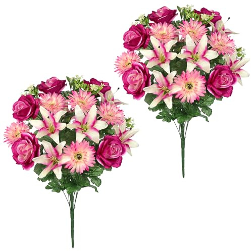 Hollyone 2er-Set Kunstblumen Grabgesteck Künstliche Friedhofsblumen für Grab Gedenkblumen mit Violett Rosen Lilie Gerbera Gestecke für Friedhöfe Künstlicher Blumenstrauß Seidenblumen Grabschmuck