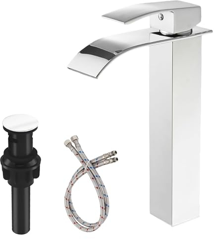 RUITHOE Chrome Bathroom Vessel Sink Faucet, Waterfall Type Spout Tall Body High 1 Hole Single Handle with Pop Up Drain Combo Parts Vanity Mixer Tap Commercial Basin Bowl Sink
