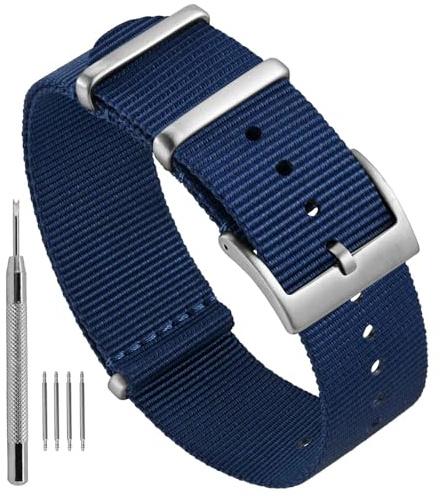 Ayadoo Randigt klockarmband i nylon i ett stycke, militärstil ersättningsarmband med spänne i rostfritt stål för herr dam, bandbredd 18 mm 20 mm 22 mm, 20mm, Nylon