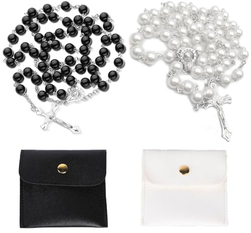 YUBBYSTU 2 Pcs Rosary Beads for Women Catholic Rosary Necklace with Faux Pearls, Plain Style, Spiritual Gift for Prayer and Meditation
