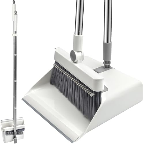 HPCORA Long Handle Dustpan and Brush Set, Windproof Broom Set, 180 Degree Swivel Brush Head, for Indoor and Outdoor Cleaning (White)