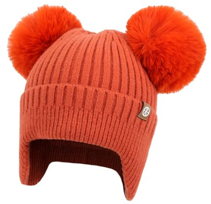 TAGVO Bonnet Hiver Enfant avec Oreillettes, Laine Mélangée, Double Pompon, Tricot Doux pour Garçon & Fille 2–8 Ans