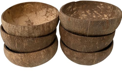 VIE Cuenco de coco, acabado texturizado natural, grande, 13-15 cm de diámetro, juego de 6