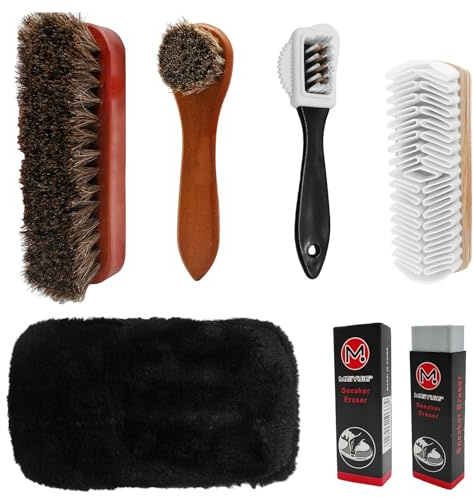 7Pcs Suede Cleaning Kit, Horsehair Brushes, Nubuck Brush, Crepe Brush, Polish Glove, Sneaker Erasers for Shoe Care and Cleaning