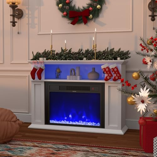 GRAVFORCE Fireplace Modern Electric Fireplace and Surround 23 inch Heating Insert LED Light Strip Fireplaces with Timer and 12 Flame Colors and Remote Control White 2 Tier