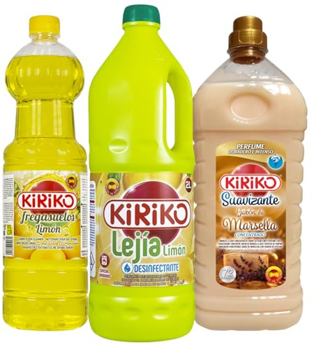 Kiriko 3 Piece Spanish Cleaning Products Bundle Lemon Bleach 2L, Colonia Floor Cleaner 1.5L & Marsella Fabric Conditioner Softener 2L 72W Powerful Multi-Surface Cleaning, Fresh Long-Lasting Fragrance