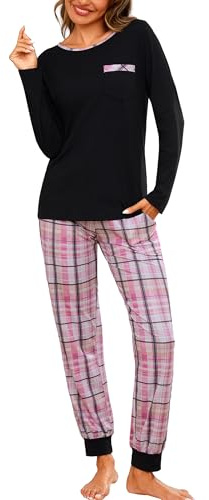 Leversic Pigiama Donna Invernale Cotone Pigiami a Maniche Lunghe Set Pigiama Morbido e Confortevole 1077-Nero S