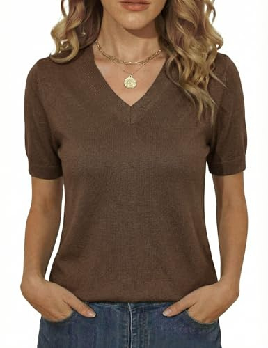 Totatuit Camiseta de Punto Mujer Manga Corta Cuello en V Suéter Ligero