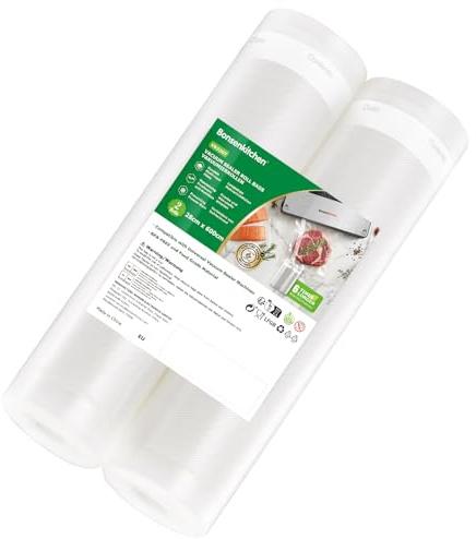 Bonsenkitchen Rollos al Vacio para Envasadora al Vacío -2 Rollos 28x600cm Ultra Resistentes & Anti-Roturas, Bolsas al Vacío Alimentarias Compatibles Máquinas al Vacío, Sin BPA, Cocción & Congelador