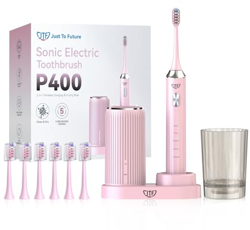 JTF Brosse à Dents Électrique Sonique avec Nettoyage et Séchage UV, 5 Modes de Nettoyage, 6 Têtes de Brosse de Rechange, Gobelet, Station de Charge Sans Fil pour La Maison et Les (Rose)