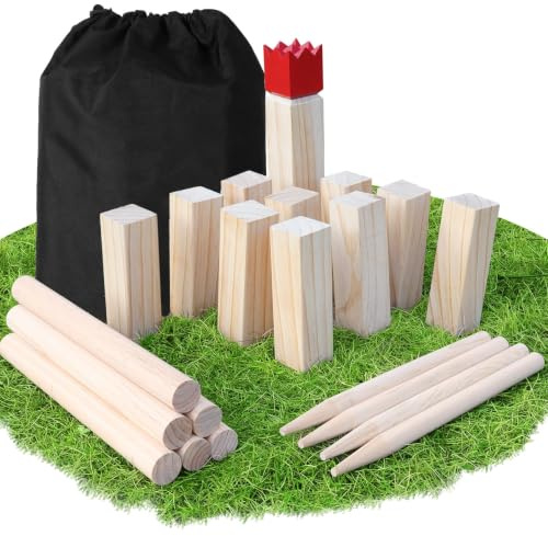 Ordfingo Kubb Wikinger Wurfspiel Groß - Original 5 Kubb Outdoor Spiele | Schwedenschach aus massiv Holz - mit Tasche & Spielanleitung - Holzspiel für Wiesen, Strände und Gärten