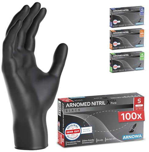 100x ARNOMED® Einweghandschuhe Akzeleratorfrei, Nitril Handschuhe S | Einmalhandschuhe Schwarz, Nitril Handschuhe Einweg hautfreundlich, allergikerfreundliche Gummihandschuhe puderfrei