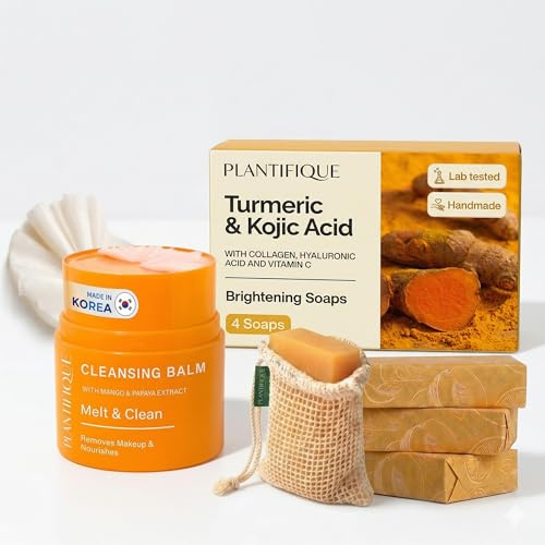 PLANTIFIQUE Kurkuma Seifen für Gesicht, Hyperpigmentierung and Dunkle Flecken Seife - 4 Stück & Korean Cleansing Balm mit Papaya - Gesichtsreinigung, Wasserfest Augen Make Up Entferner - 40 g
