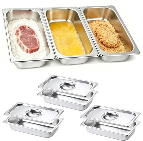 FxlStelrion 3 Piezas Recipientes Acero Inoxidable con Tapa, Cuencos para Empanar GN 1/3, 32,5 x 17,5 x 6,5 cm, Bandeja Alimentos Rectangular para Chuletas, Carne, Pescado, Frutas, Mariscos, Ensalada