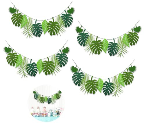 4 Stück Dschungel Deko Geburtstag,Palmenblätter Deko Girlande Party,HMCEY Geburtstagsdeko Blätter,Tropische Banner für Draußen,Tropische Pflanzen Girlande Kinderzimmer,Hawaii Banner Sommer