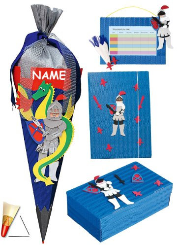 4 TLG. Set: Bastelset Schultüte - 85 cm + Schulbox/Kreativbox + Mappe + Stundenplan - incl. Name - Ritter Ritterburg Jungen - Zuckertüte Roth Schule Basteln..