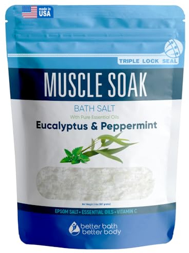 Muscle Soak Bath Salt 32 Ounces (2 Lbs) Epsom Salt with Natural Peppermint and Eucalyptus Essential Oils Plus Vitamin C in BPA Free Pouch with Easy Press Lock Seal Made in USA