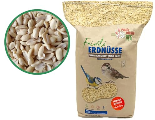 Paul´s Mühle - 25 kg Erdnüsse Weiss, Erdnusskerne blanchiert ohne Haut | Halbe Erdnusskerne ohne Haut - Schalenfreies Vogelfutter & Wildvogelfutter ganzjährig für Garten, Futterstelle & Balkon