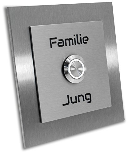 Jung-Edelstahl-Design Türklingel mit GravurParis. Klingelplatte 10x10 cm. Led Taster weiss. Klingelschild V2a Edelstahl.