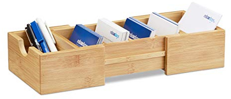 Relaxdays 3 TLG. Schreibtisch-Organizer Set Bambus, Karteikasten zum Ausziehen, Stehsammler mit 2 Schubladen, Briefablage, Natur