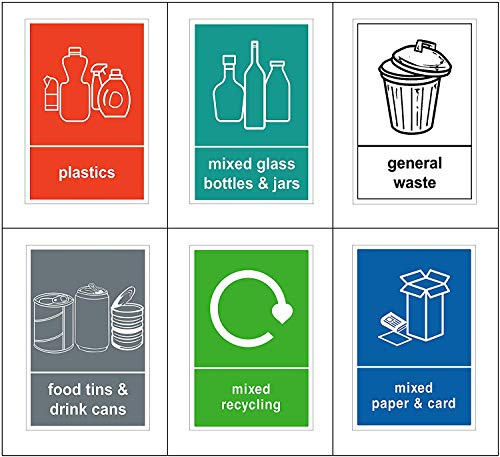 Paquete de 6 Pegatinas de Reciclaje para Papelera (A6-100 x 150 mm), Impermeables, para Alimentos, Plásticos, Papel y Cartón, Vidrio y Residuos Generales - Sara