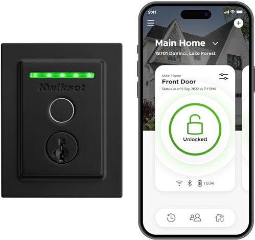 Kwikset Halo Touch Contemporary Square Wi-Fi Fingerprint Smart Lock No Hub Required Featuring SmartKey Security in Matte Black (99590-004)