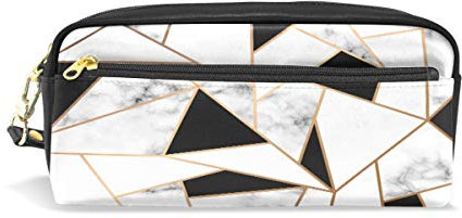 HMZXZ RXYY Federmäppchen schwarz Weiß Gold Linien Marmor Geometrisch für Student Groß Kapazität Reißverschluss PU Leder Mäppchen Schreibwaren Kosmetik Makeup Tasche für Mädchen Jungs Frauen