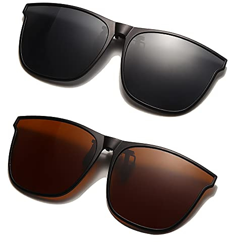 Long Keeper Polarisierte Sonnenbrille Clip für Brillenträger - 2 Paar Sonnenbrille Zum Aufstecken Polarisiert, Sonnenbrillen Aufsatz Brille Damen Herren (Grau+Braun)