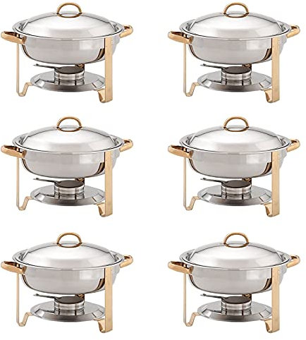 3.5L Gold Accented Chafer Dish, Stainless Steel Round Chafing Dish Catering Buffet Food Warmer Set with Food Pan, Water Pan, Lid, Frame and Fuel Holder(6Pack)