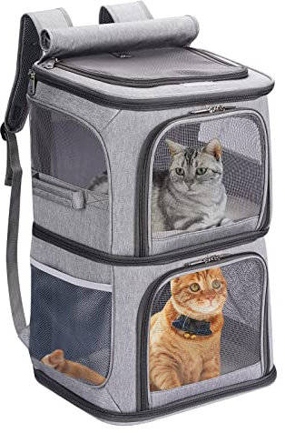 VOISTINO 2-in-1 Doppel-Tragetasche für kleine Katzen und Hunde, tragbare Haustier-Reisetasche, super belüftetes Design, ideal für Reisen/Wandern/Camping, große Größe, grau, TPC003-L-G