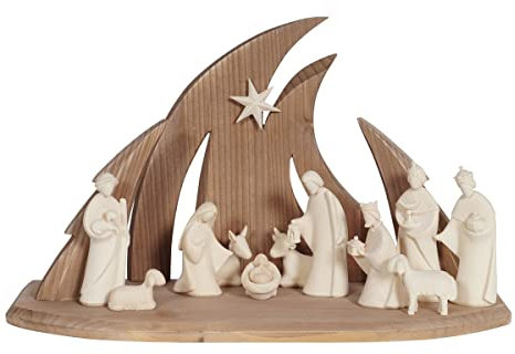 Weihnachtskrippe aus Holz, moderne Krippe aus Holz, handgefertigt aus Gröden, natürliche Version (Höhe Joseph 8,5 cm)