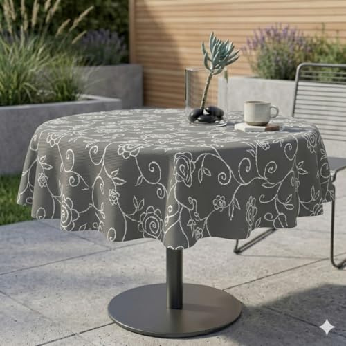 Miami Gartentischdecke Tischdecke Meterware Outdoortischdecke Campingtischdecke Mediterran Grau Rund 150 cm Outdoor Camping