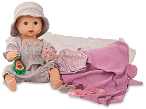 Götz 2253147 Sleepy Aquini Avocado - 33 cm große Badepuppe mit braunen Schlafaugen, ohne Haare in 10-teiligem Set - Babypuppe ab 3 Jahren