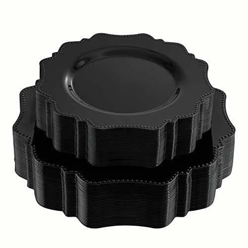 COLOSUS Black Plastic Plates Set,Heavy Duty Black Disposable Plates for 30 guests,Include 30PCS 10.5inch Dinner Plates and 30PCS 8.25 inch Dessert Plates for Party/Wedding/Birthday