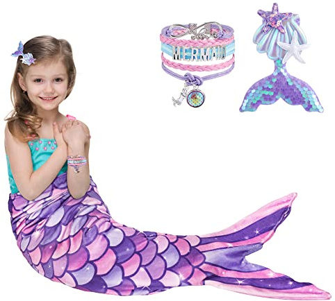 WERNNSAI Meerjungfrauen Decke - Weiche Meerjungfrauen Schwanz Decke | Violett Flanell Meerjungfrauen Decke Set Pailletten Haarnadel Armband für Mädchen Teenager Geburtstag Geschenk 140x60cm