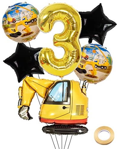 Kawailay Bagger Geburtstag Deko 3 Jahre 3. Baustelle Geburtstag Deko Gold Zahl 3 Luftballon Bagger Folienballon Baufahrzeuge Heliumballon für Jungen Geburtstag Party