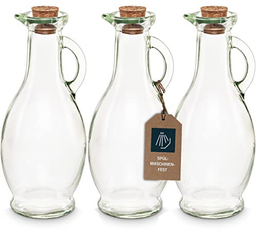 Confezione da 3 Boccette di Vetro Vuote da Riempire, 250 ml, con Tappo in Sughero, per Olio, Aceto, Vino, Liquori per Pasti, Panna e Latte per Caffè