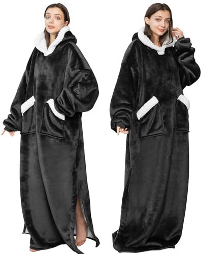 Coperta con cappuccio extra lunga, oversize, in sherpa, per donne e uomini, coperta indossabile con cappuccio con maniche e tasca gigante (Nero)