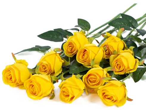 DuHouse 10 rose artificiali di seta per bouquet di fiori finti lunghi steli per decorazioni per matrimoni e feste (giallo)